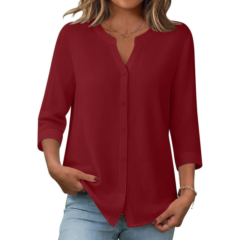 Amazon european goods  summer button-down shirt, three-quarter sleeve v-neck blouse, fashionable casual loose top