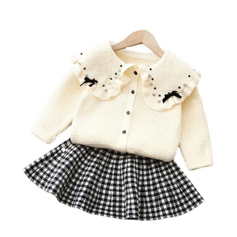 Sweatertwo-piece set5girlswearknittingsuit skirt baby girl lapel pearl cardiganoutwearlong sleevesk-style children's clothing