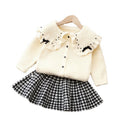 Sweatertwo-piece set5girlswearknittingsuit skirt baby girl lapel pearl cardiganoutwearlong sleevesk-style children's clothing