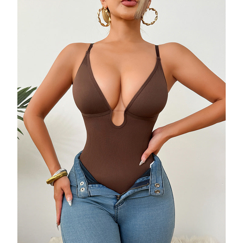 Spot  hot-selling explosion deep V-neck sexy waist plastic waist open T-shaped onesie women