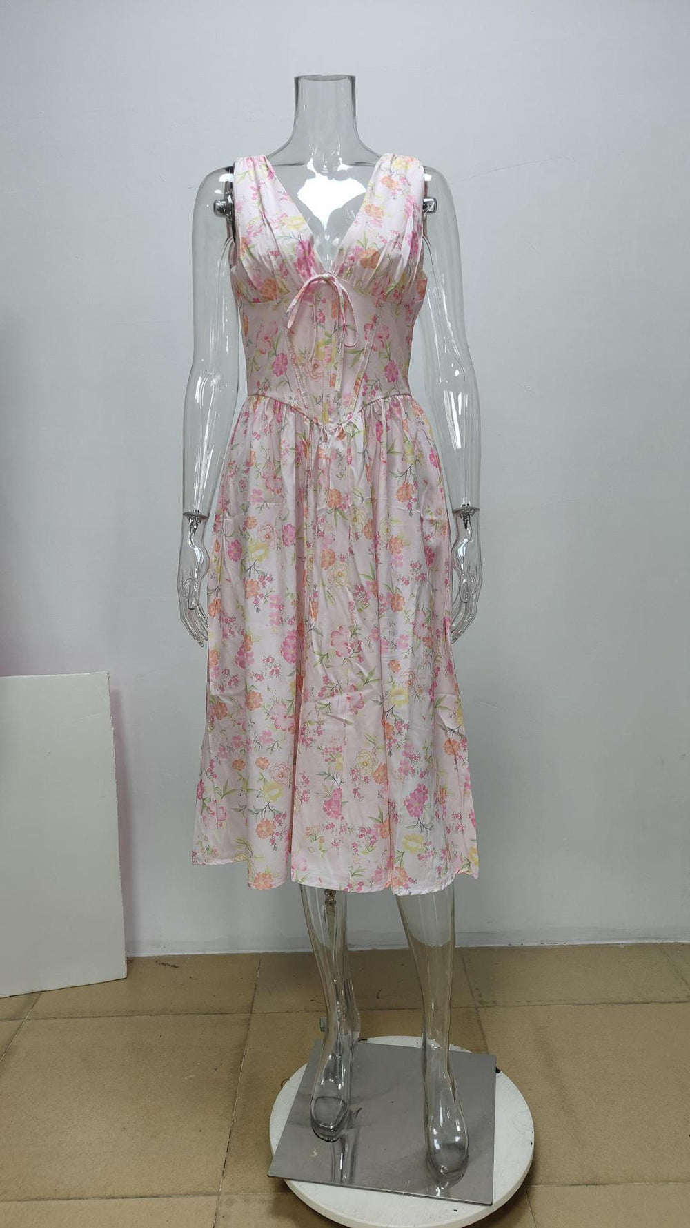 summer new women's clothing  cross-border fashionable and elegant v-neck printed waist-cinching camisole dress