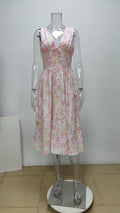 summer new women's clothing  cross-border fashionable and elegant v-neck printed waist-cinching camisole dress