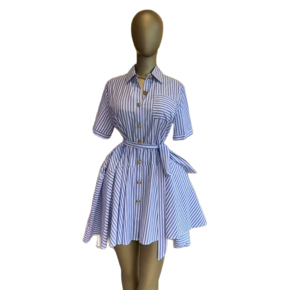 European and american cross-border women's fashion:  summer new arrival - elegant lapel, single-breasted button, pocket, tie-waist shirt dress