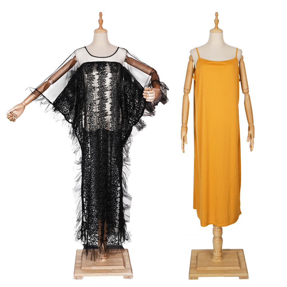 Fashion cross-border foreign trade  mesh patchwork dress african plus size women's suspender skirt two-piece setin stock