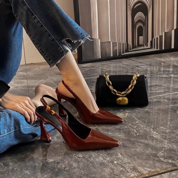 Burgundy sexy closed-toe sandals for women, 2025 new arrival, back strap patent leather versatile stiletto pointed-toe high heels