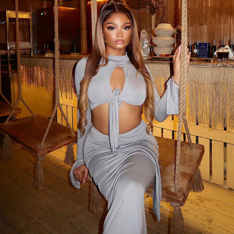 European and American  women's clothing fashion hollow straps solid color sexy pants set turtleneck top slim trousers two-piece set