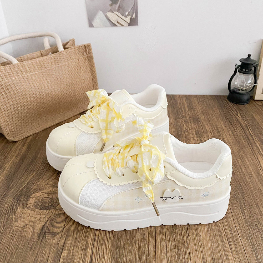 Blue korean style high-value plaid bowknot chunky sole sneakers women's 2026 summer new arrival niche campus white shoes