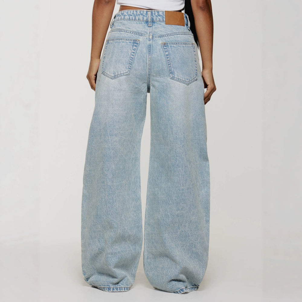 European and american style women's snow wash high-waisted wide leg jeans - relaxed fit straight leg denim pants
