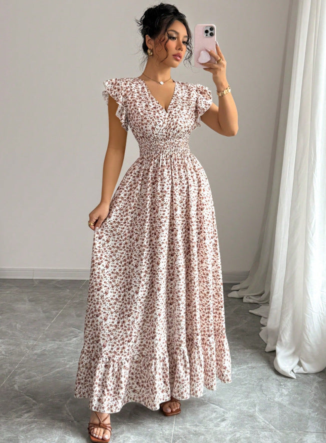 new cross-border women's fashion french & european style printed maxi dress