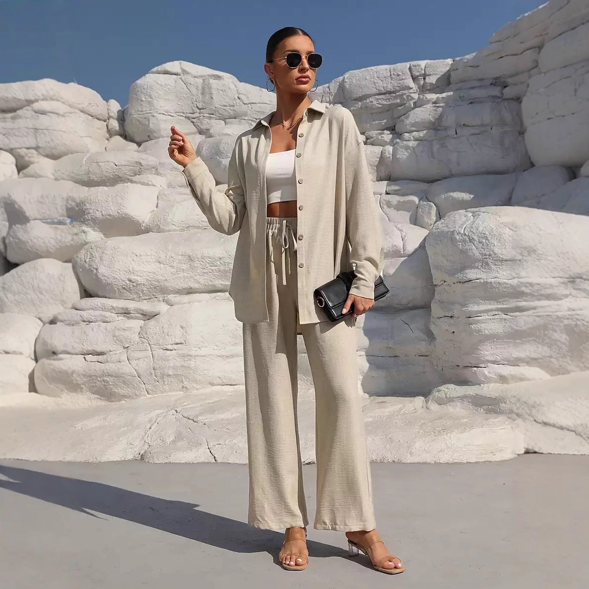 Europe and the United States  fashion spring and autumn style temperament large size women's long-sleeved cardigan two-piece set casual solid color set