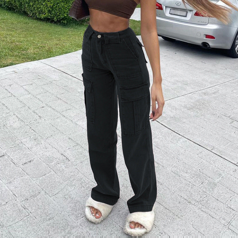 Wish cross-border trade  new versatile multi-pocket cargo pants loose casual denim trousers  women's