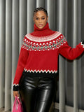 fall/winter high neck jacquard sweater - european & american retro color block ethnic style knit top - fashionable, loose fit, warm top