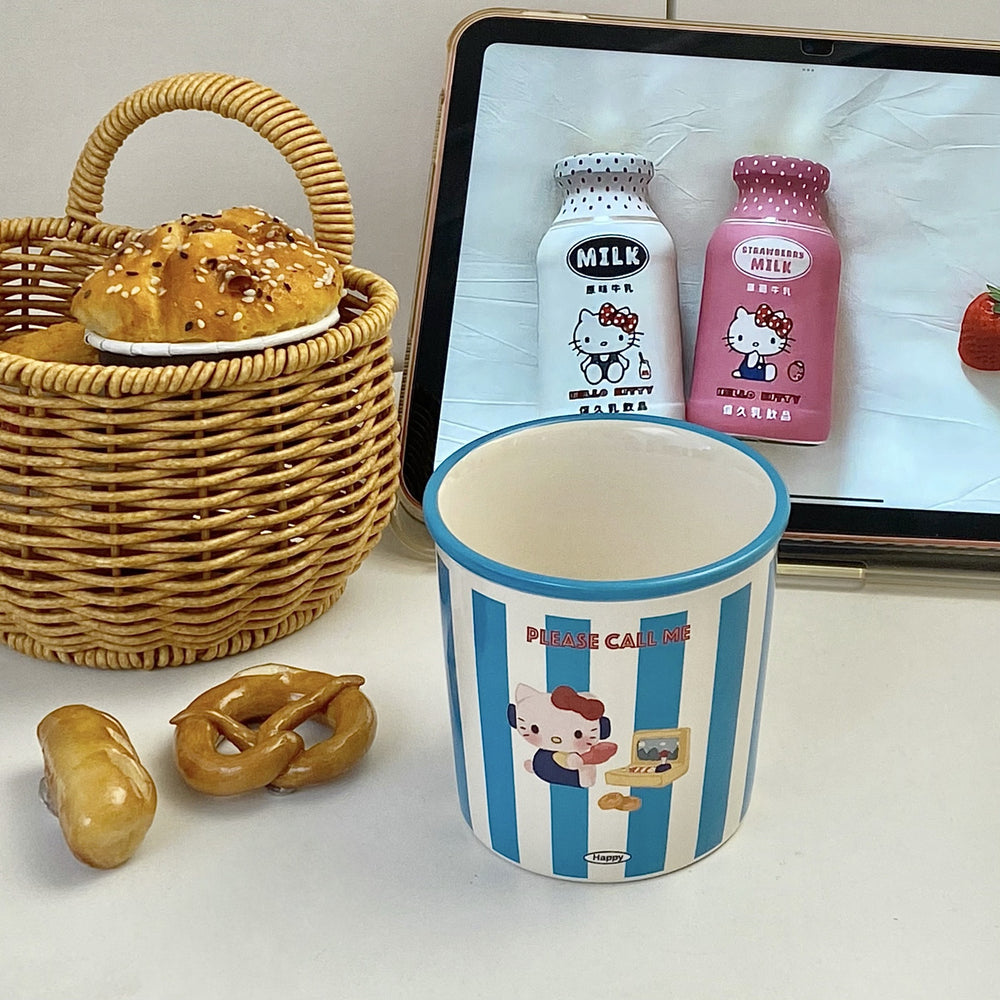 American striped cat ceramic mug - breakfast cup, couple's style, cartoon mug, large capacity, high-value milk cup