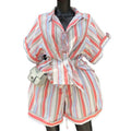 European and american cross-border women's fashion:  spring new arrival - stylish notch lapel striped short-sleeve shirt and tie-waist wide-leg shorts set
