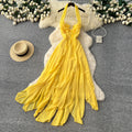 Vacation style halter star elegant style dress female yellow high waistslimming lookasymmetrical long skirt sexyelegant skirt