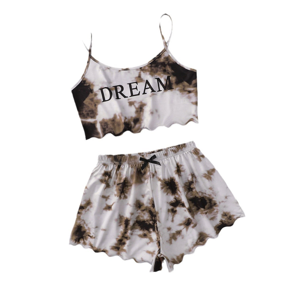 New women's tie-dye loungewear set for export: english "dream" print cami top and tie-dye shorts