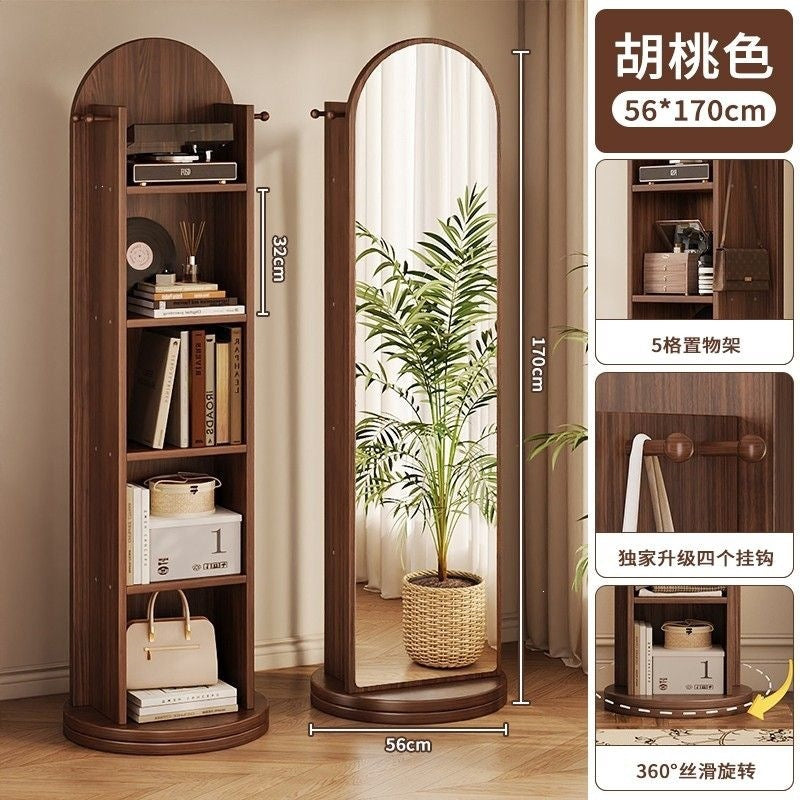 Full-length mirror floor mirror for homeall-in-one dressing mirror girl bedroom rotatable movable fitting mirror hanging coat rack