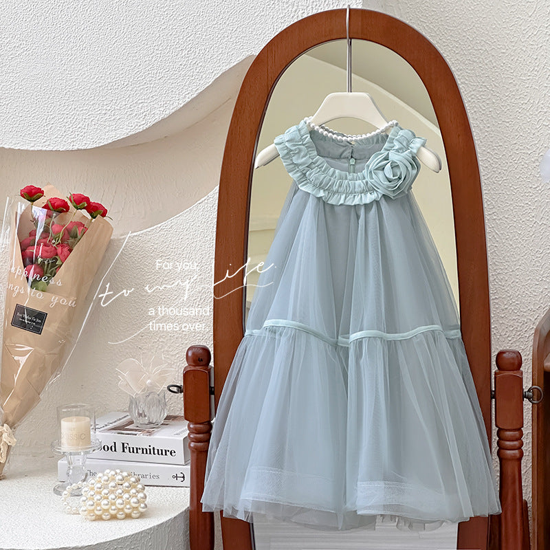 Girls' dress  summer korean style chic princess dress floral sleeveless mesh dress