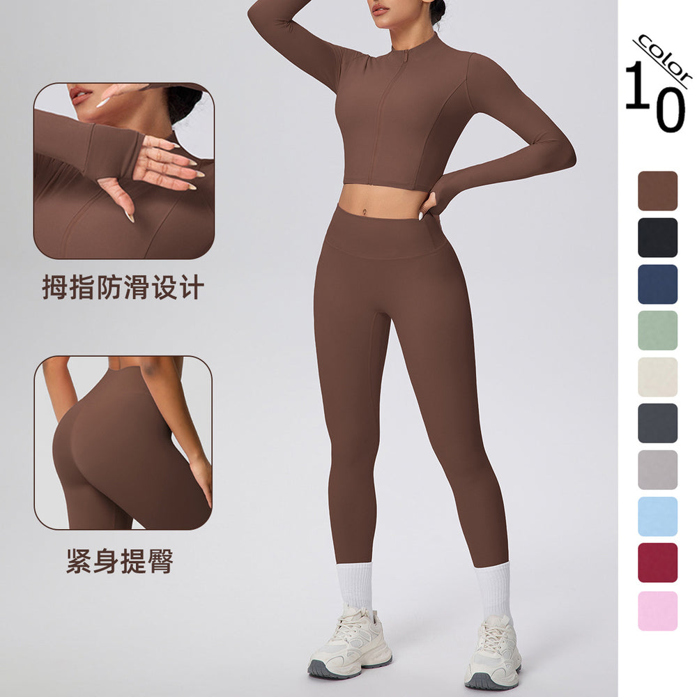 Ready-to-ship cross-border solid color double-sided brushed naked feel cropped jacket set - tight-fitting running, fitness, and yoga two-piece outfit