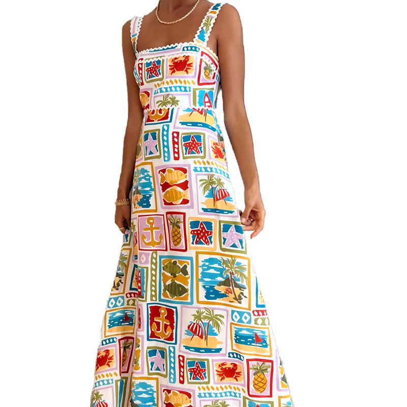 cross-border e-commerce european and american women's clothing: new summer collection - graffiti print cami bandeau maxi dress 661