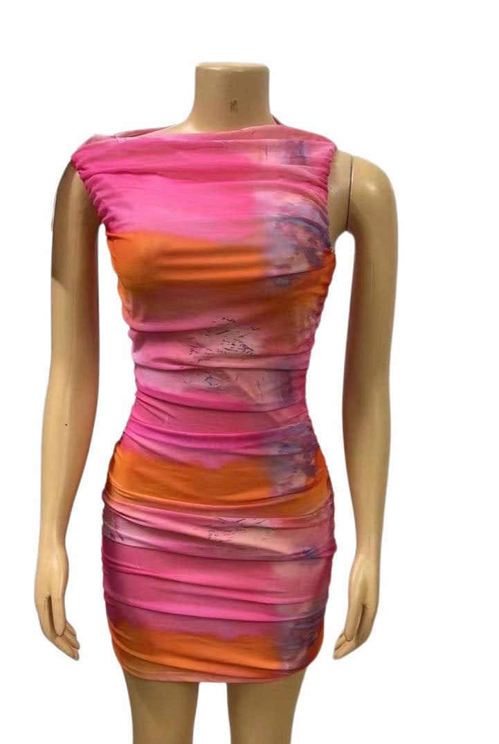 Cross-border European and American tight sexy dress mesh pullover sleeveless short skirt pleated hip skirt women's  wholesale