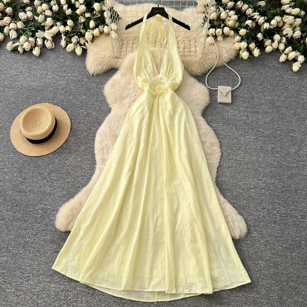 Vacation style halter pure desire dress women's spring and summer yellow a-line skirt high waist waist atmosphere fairy skirt