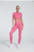 Ready-to-ship matte ribbed athletic short sleeve zip-up cardigan and pants set - seamless yoga two-piece for running and fitness