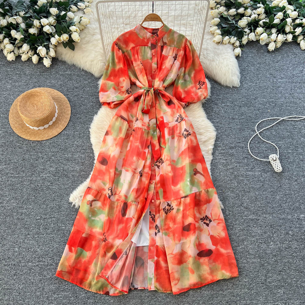 French retro court style niche fashion printed dress - women's tie-waist single-breasted lantern sleeve maxi dress