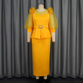 African fashion plus size round neck mesh bubble sleeve dress ruffle hem bodycon party gown