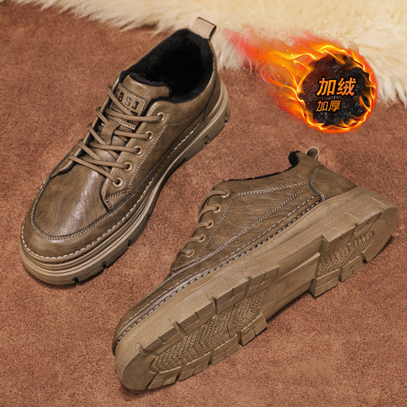 Men's winter new arrivals: versatile casual leather shoes with fleece lining for warmth. trendy british style business anti-slip work shoes