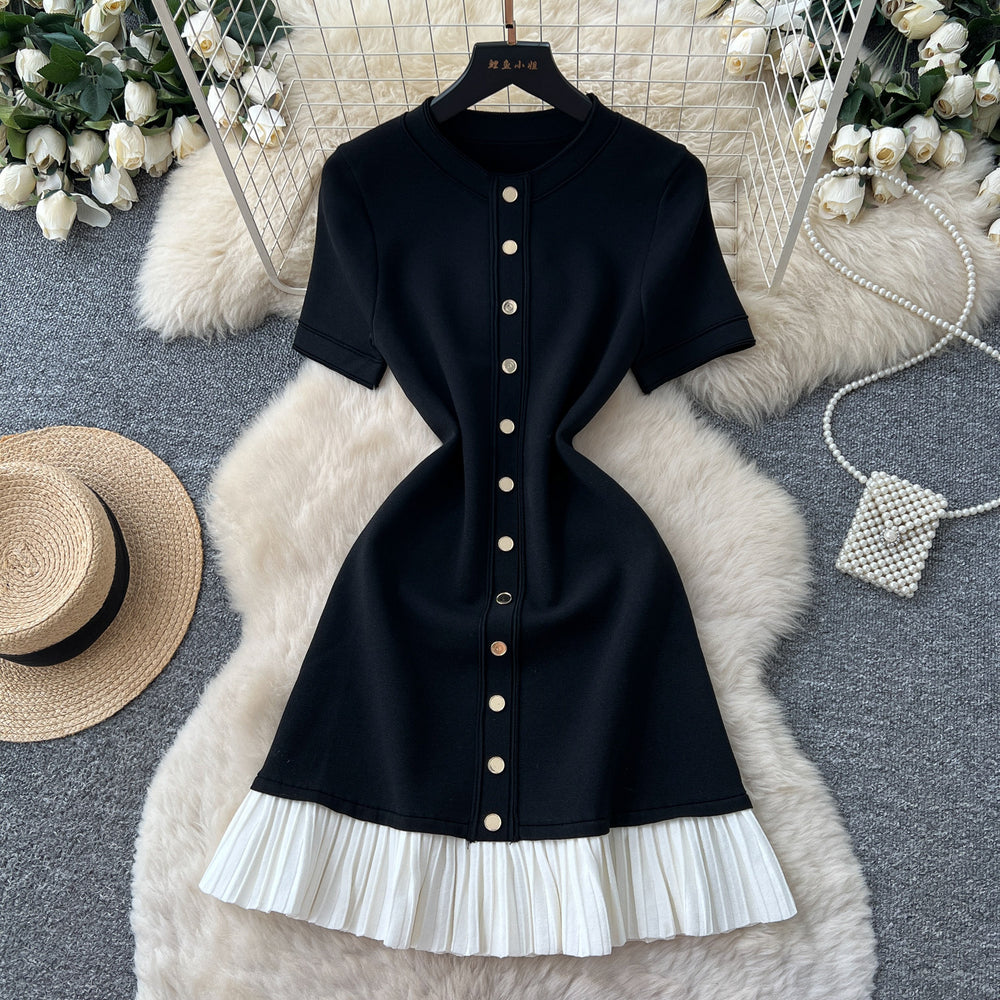 Xiaoxiangfeng knittingdress women's  summer fashion metal button short sleeve pleated patchwork classy work clothing skirt