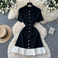 Xiaoxiangfeng knittingdress women's  summer fashion metal button short sleeve pleated patchwork classy work clothing skirt