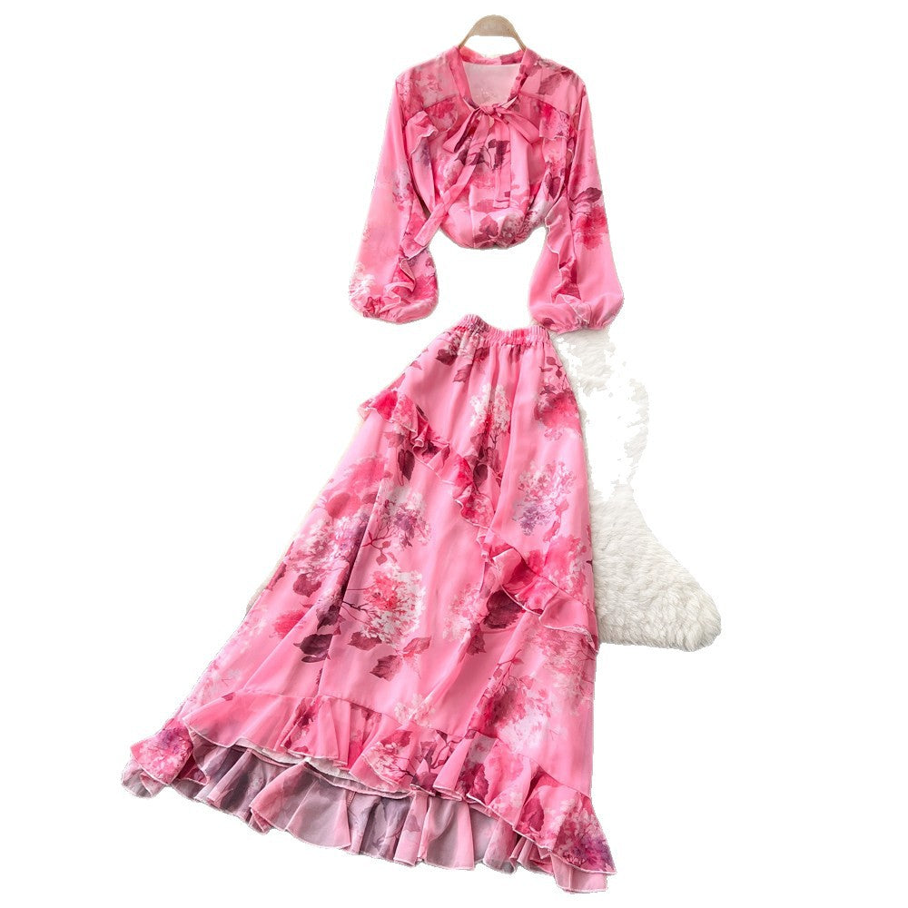 French print slim-fit two-piece set for women - autumn ruffle hem a-line skirt, commute-ready, elegant vacation style outfit