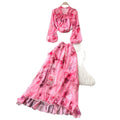 French print slim-fit two-piece set for women - autumn ruffle hem a-line skirt, commute-ready, elegant vacation style outfit