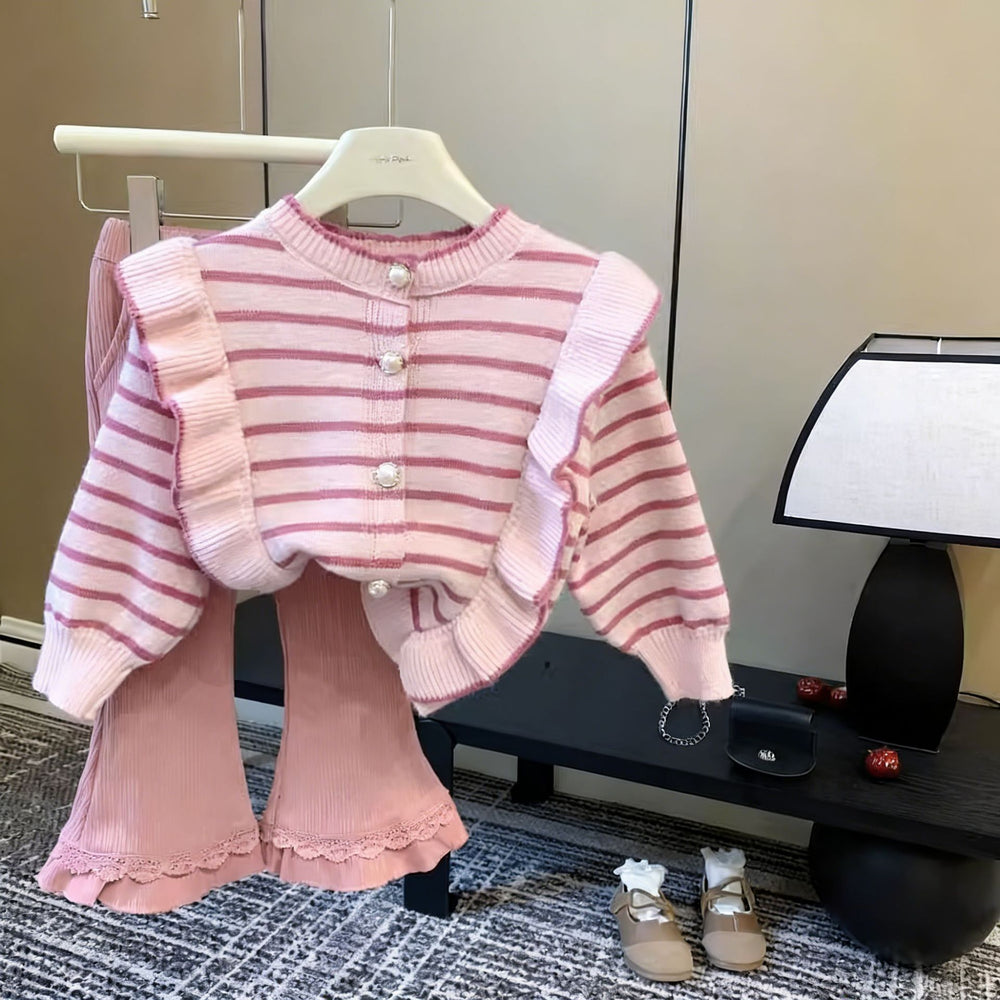 Girls' knitted cardigan - new autumn/winter collection: stylish and trendy top for girls, korean style striped sweater jacket for kids and babies