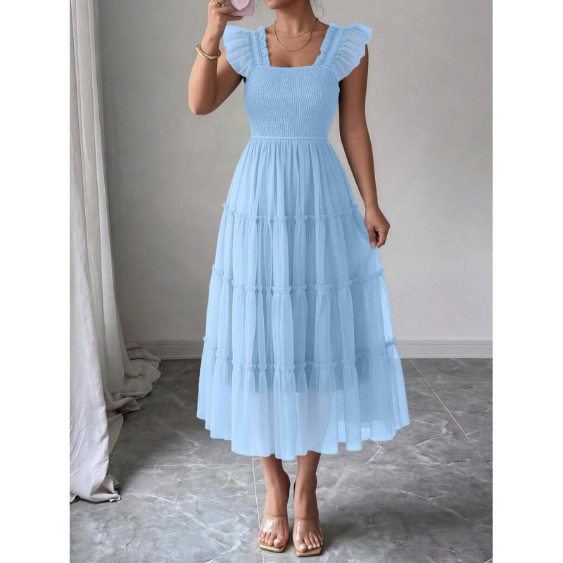 fashion  summer new arrival flying sleeve ruched ruffles vacation elegant mesh dress