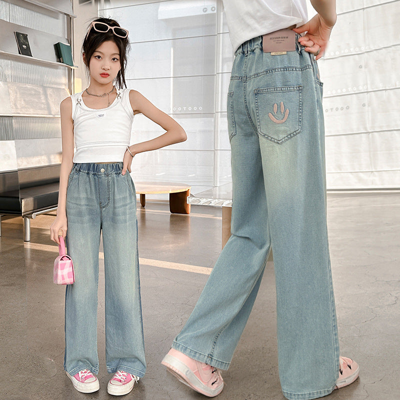 Girls' spring lightweight pants  new style big kids summer straight-leg wide-leg mosquito-proof pants children's tencel denim jeans