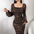 European and american tk cross-border new arrival: leopard print mesh fabric printed square neck long sleeve ruffle hem dress