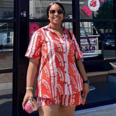 African large size new women's clothing suit short-sleeved lapel print shirt African casual shorts loose fashion suit