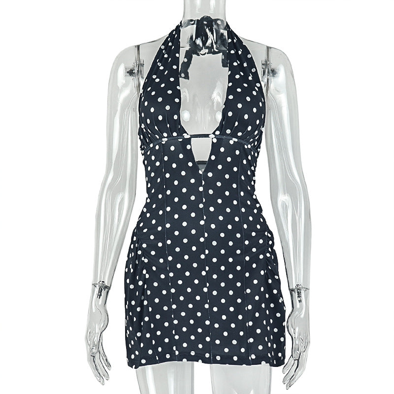 European and american style cross-border fashion polka dot print slimming sexy a-line dress deep v-neck sleeveless halter neck cinched waist mini dress
