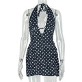 European and american style cross-border fashion polka dot print slimming sexy a-line dress deep v-neck sleeveless halter neck cinched waist mini dress