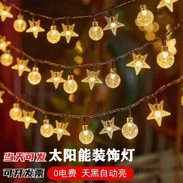 Solar light string outdoor camping tent atmosphere decoration round ball star light strip courtyard garden lantern night light