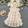 French sweet style pink lace dress women's summer korean high waist cake dress socialite elegant long dress