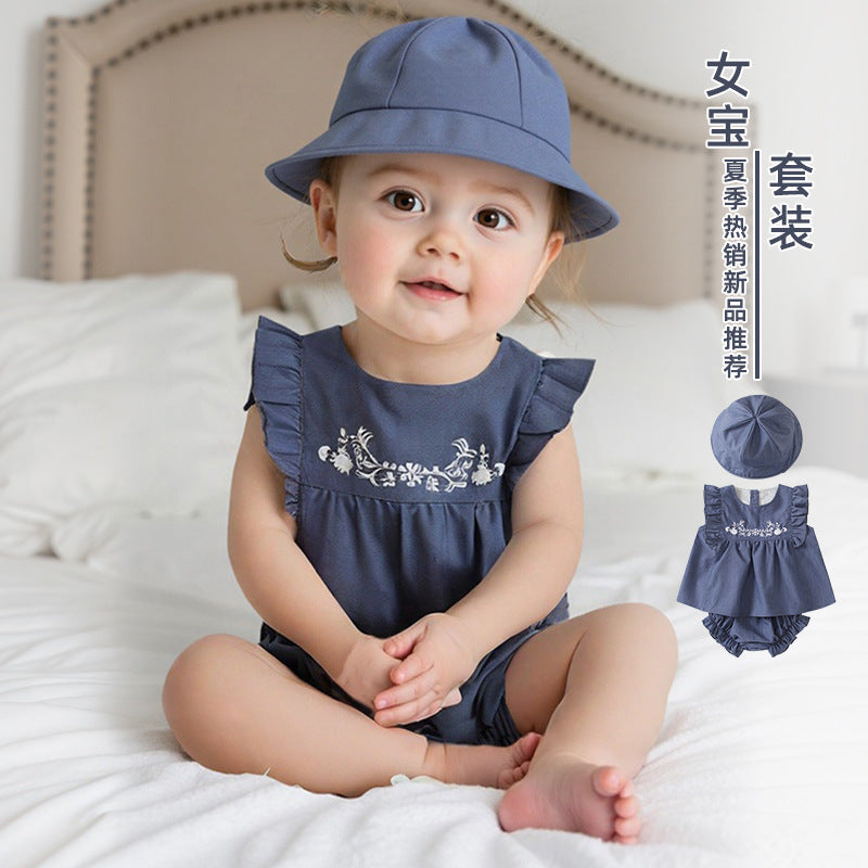 Girls' summer clothing  new korean style hooded three-piece set kids' outfit flutter sleeve embroidered baby set