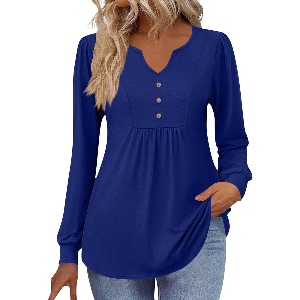 cross-border  women's casual solid color v-neck loose button-down long sleeve t-shirt top