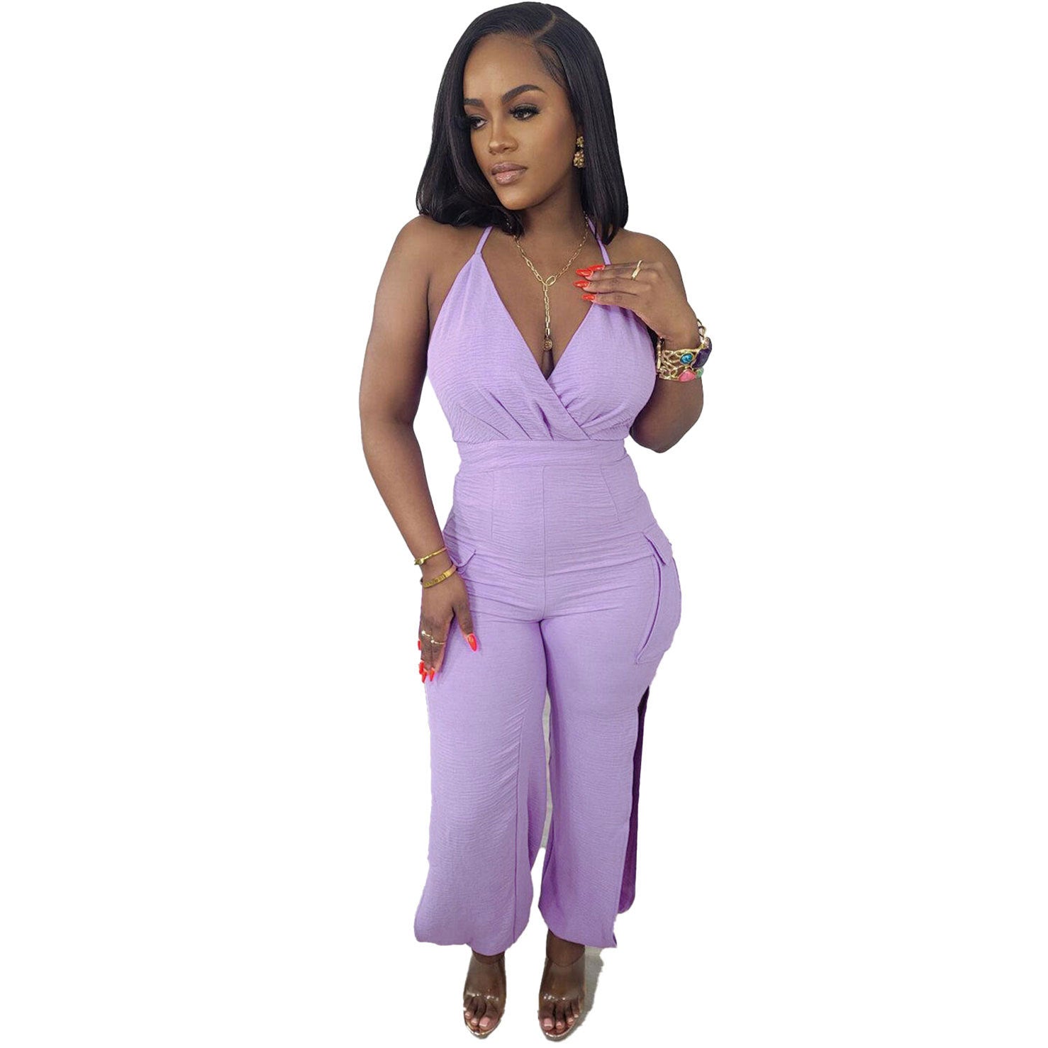 S10542 hot sale, European and American, sexy, solid color suspender neck hollow pants tight hip jumpsuit