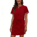 european and american cross-border women's round neck solid color raglan sleeve short sleeve drawstring mini skirt activewear set
