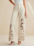 Off-white hollow-out embroidered wide-leg jeans - women's high-waisted slimming straight-leg denim pants - premium quality for cross-border e-commerce