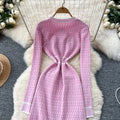 Xiaoxiangfengclassyfashionablecontrast color round neck long sleeves waist knittingdress women's slimming lookelegant a-line skirt women