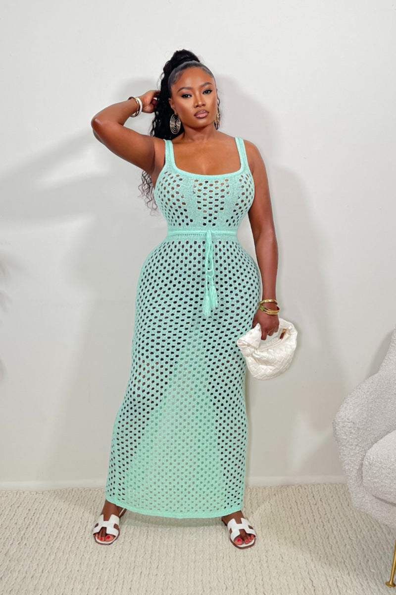 Amazon hot seller:  summer new women's tie-up mesh tank top & bodycon knit beach maxi dress